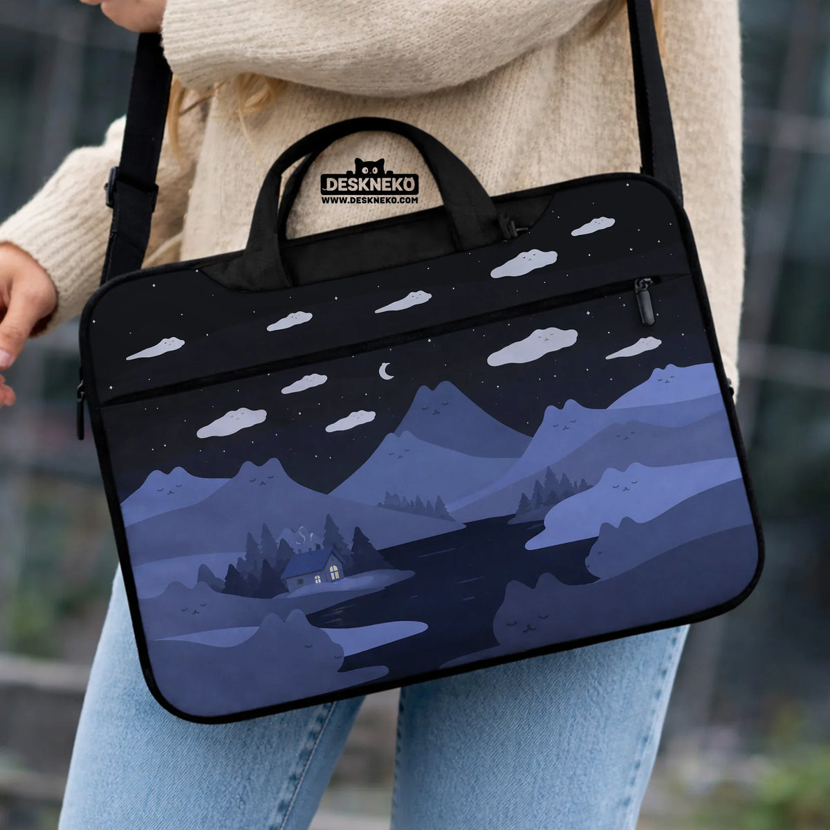 Whimisical blue cat mountains laptop sleeve & bag
