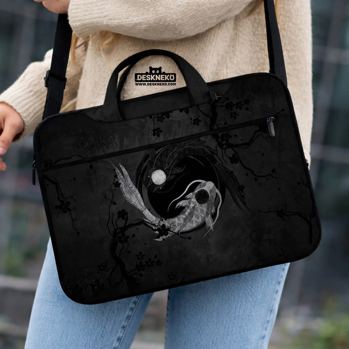 Dark koi yin yang laptop sleeve & bag, japanese ink case