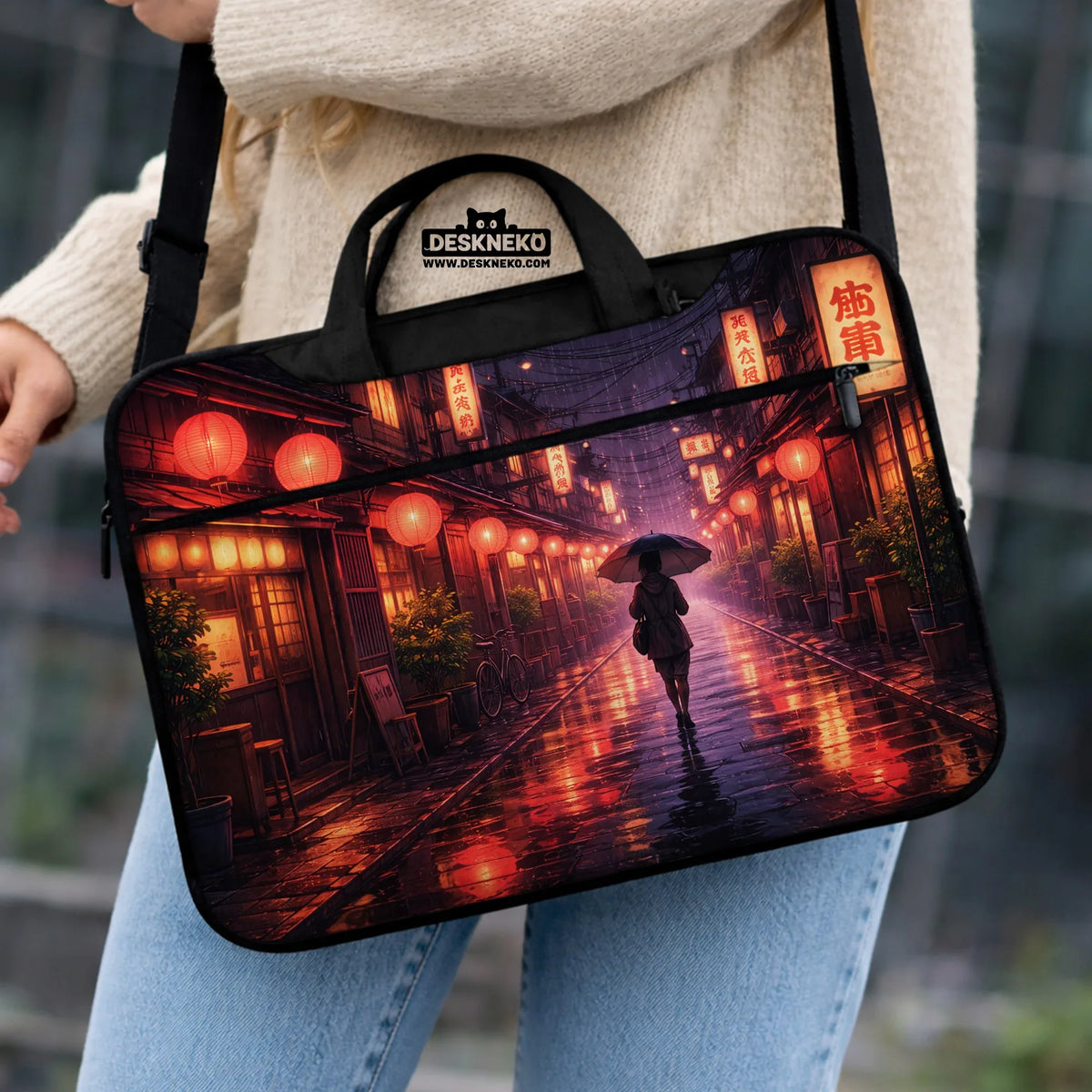 Lofi Anime Laptop Sleeve & Bag Japanese Rainy Street Aesthetic - Deskneko