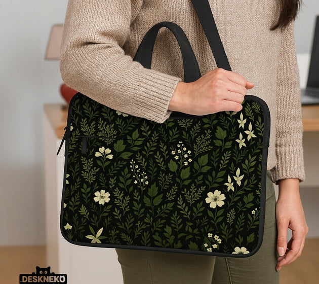 Botanical laptop sleeve & bag with dark green floral pattern