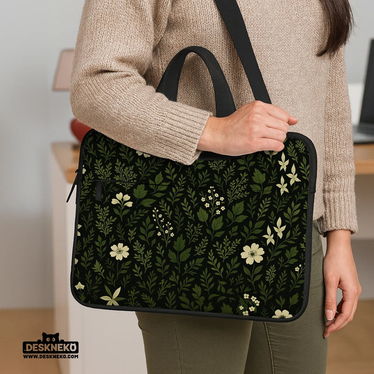 Botanical laptop sleeve & bag with dark green floral pattern