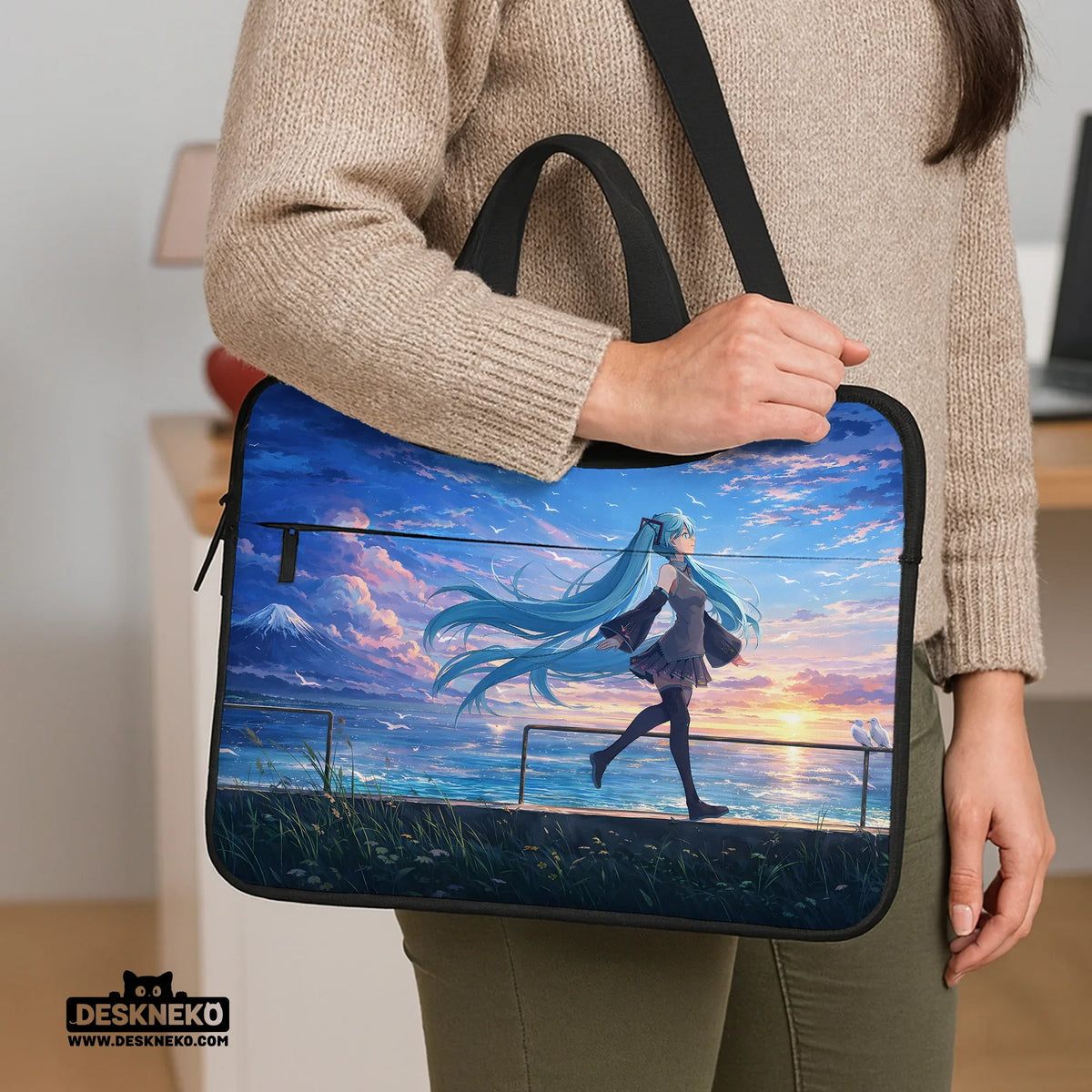 Blue anime laptop sleeve with handle