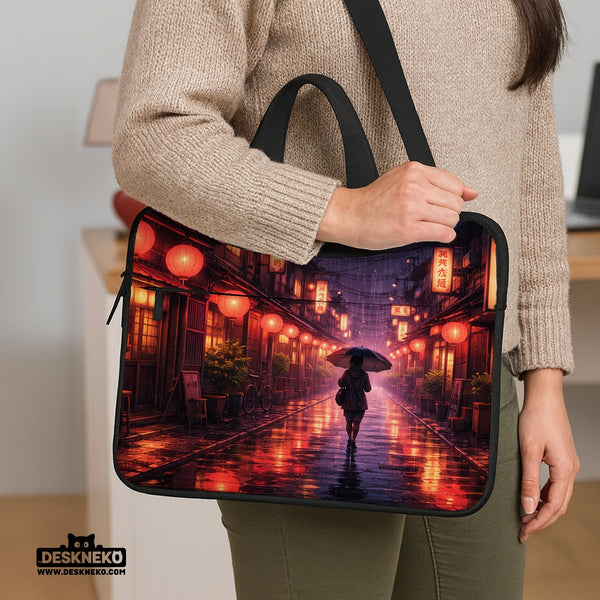 Lofi Anime Laptop Sleeve & Bag Japanese Rainy Street Aesthetic - Deskneko