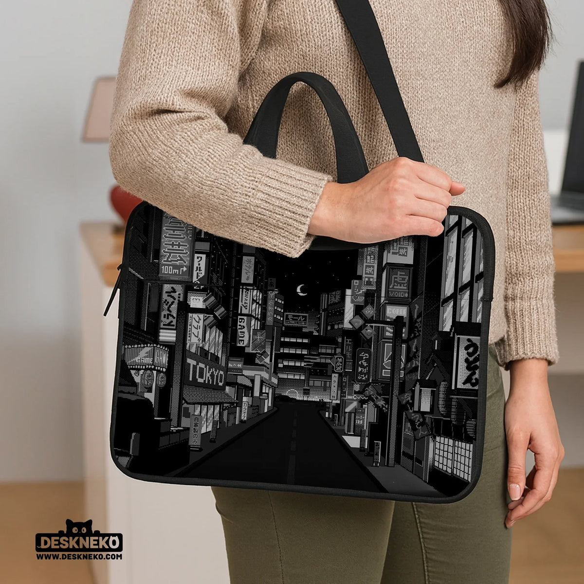 Tokyo night pixel laptop sleeve & bag – monochrome cyberpunk case