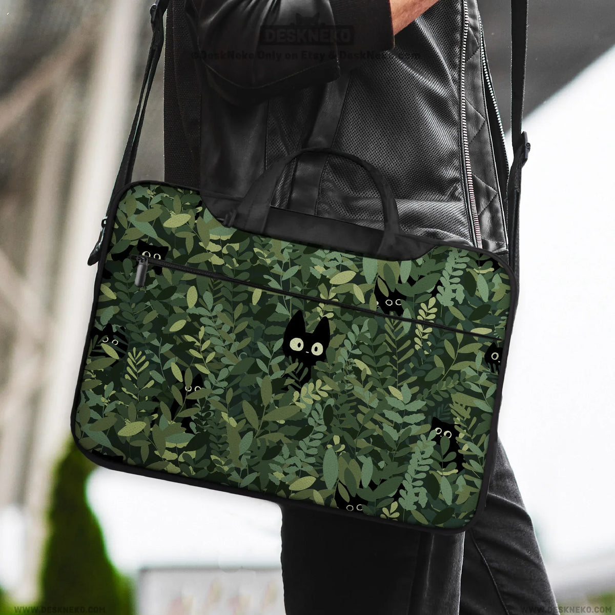 Botanical cat laptop sleeve & bag, forest green aesthetic case