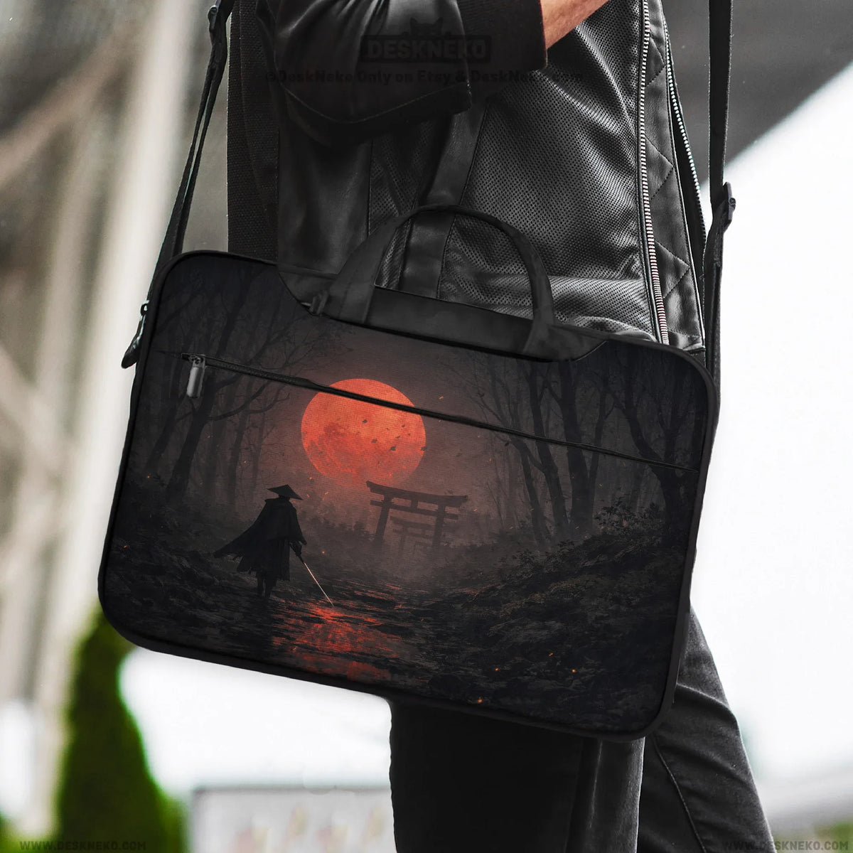 Samurai red moon laptop sleeve & bag with handle and shoulder strap
