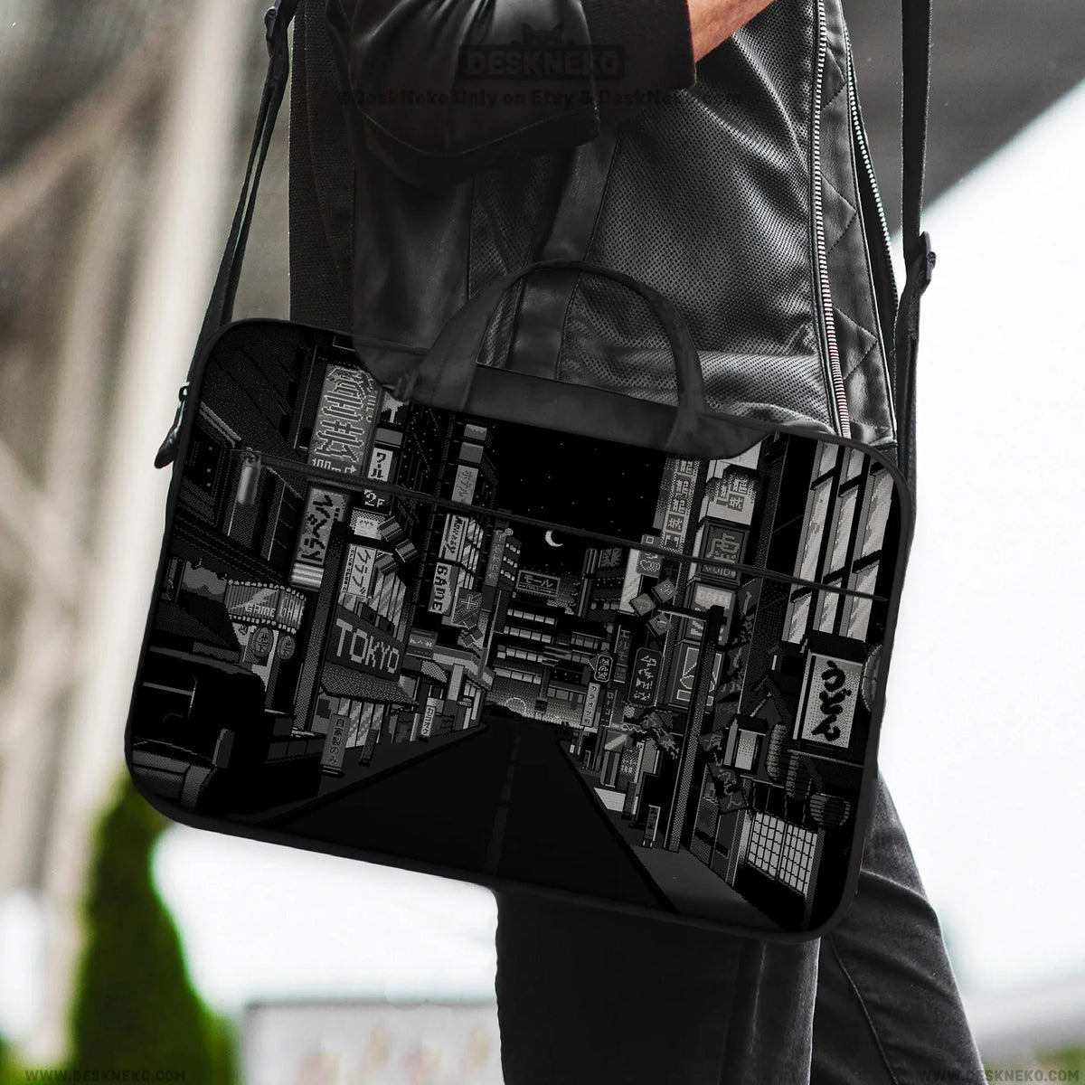 Tokyo night pixel laptop sleeve & bag – monochrome cyberpunk case