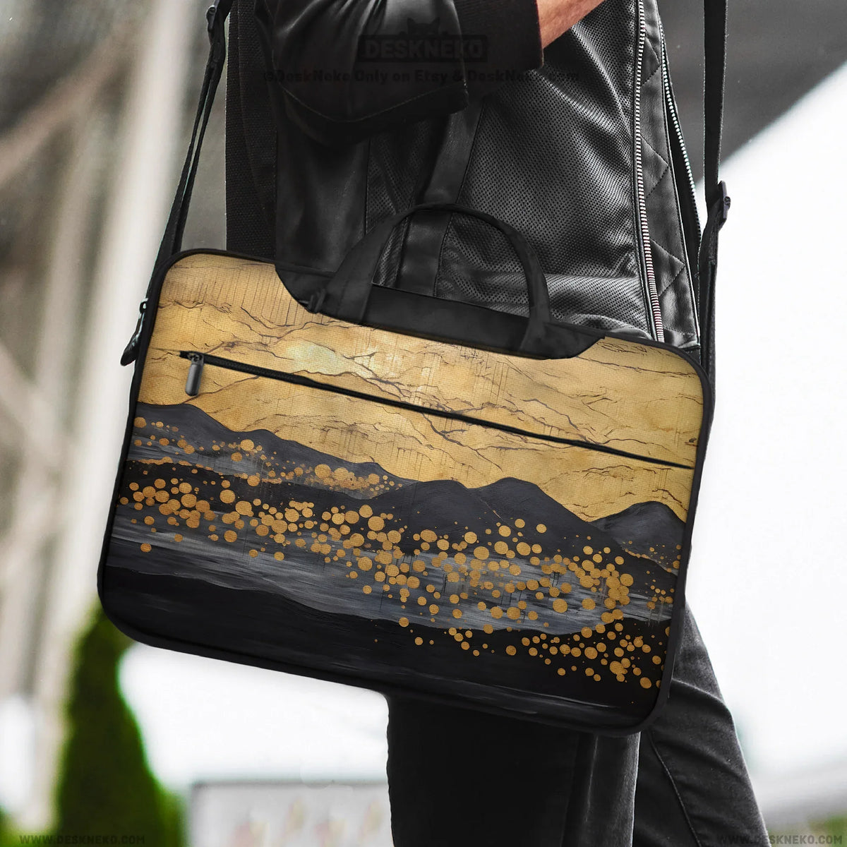 Gold japandi laptop bag with shoulder strap