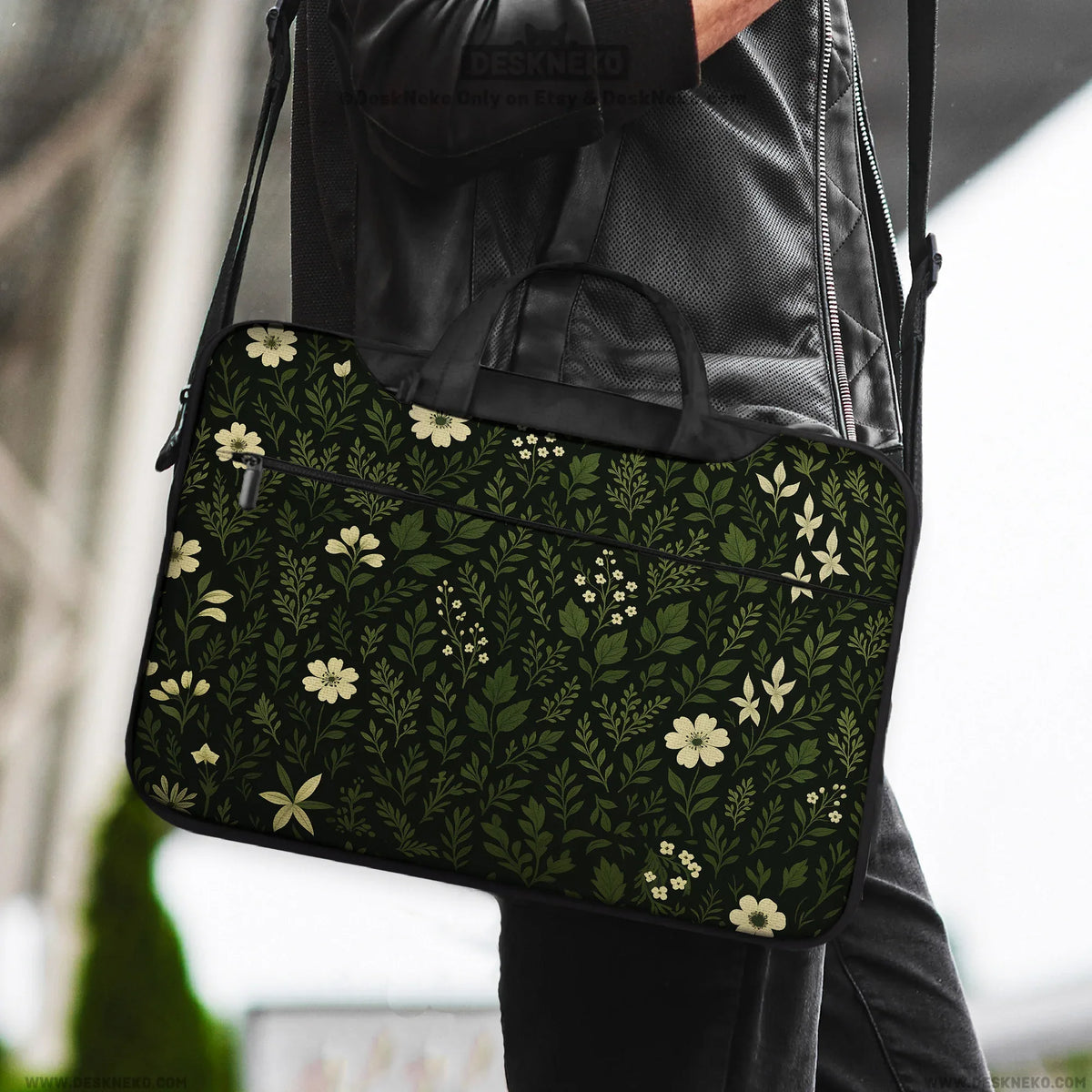 Botanical laptop sleeve & bag with dark green floral pattern