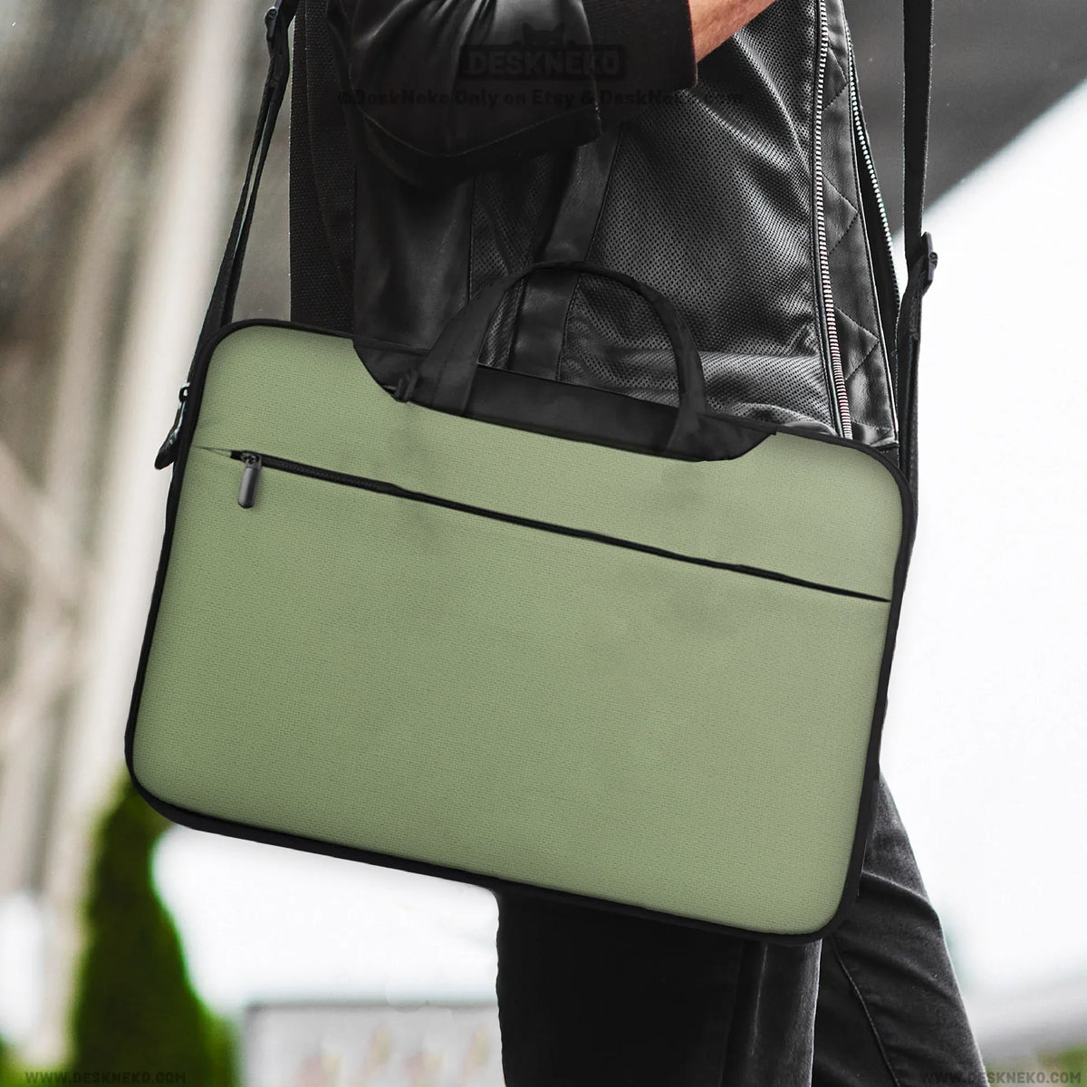 Sage green laptop bag with shoulder strap & handle
