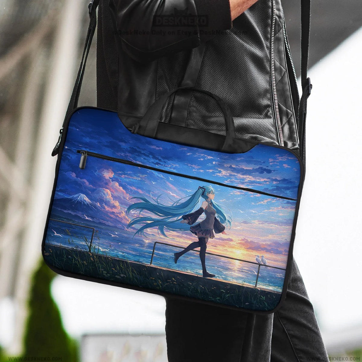 Blue anime laptop sleeve with handle