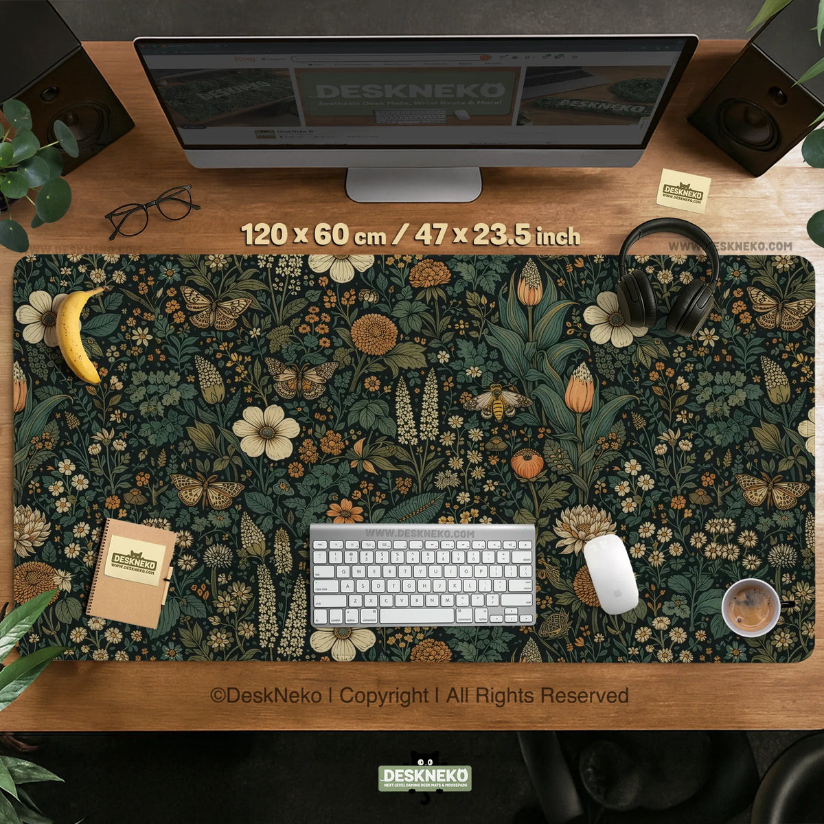 Dark floral cottagecore desk mat with botanical butterflies