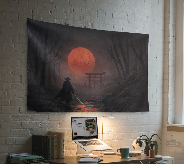 Samurai red moon wall tapestry decor