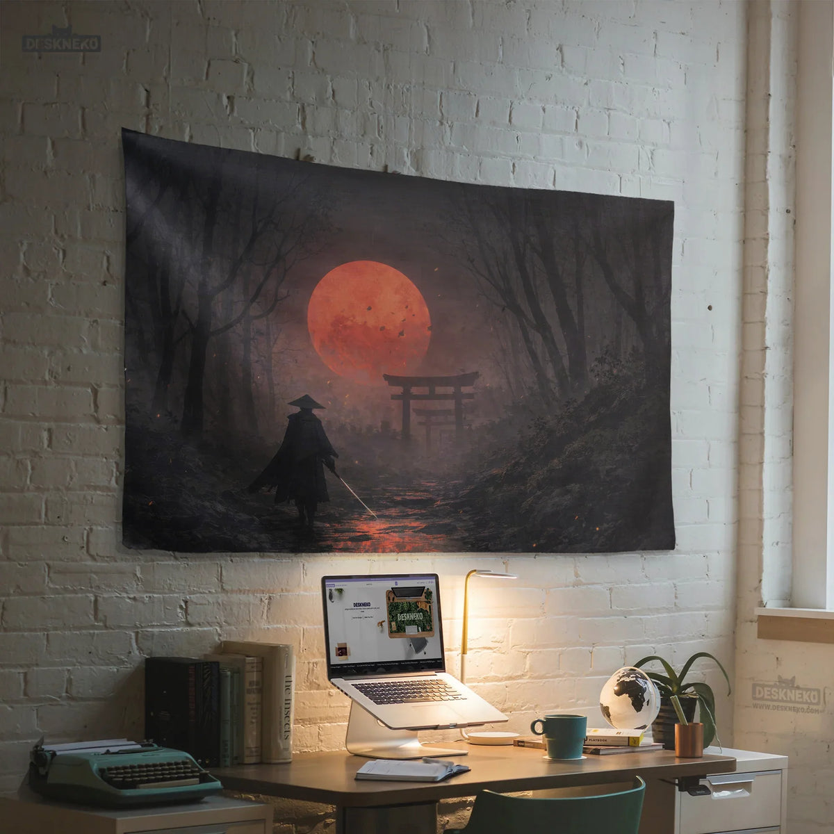 Samurai red moon wall tapestry decor