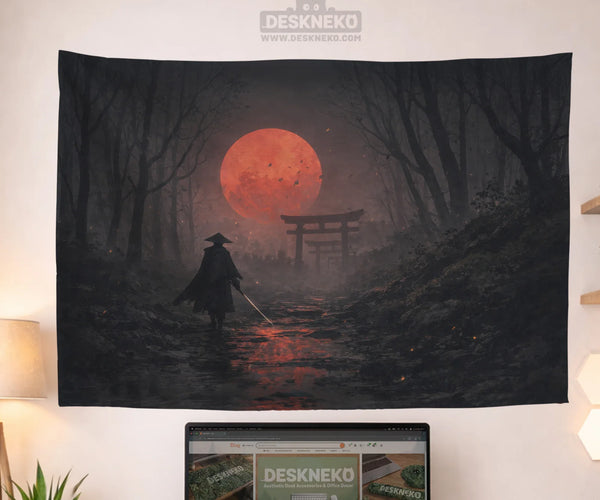 Samurai Red Moon Wall Tapestry Decor - Deskneko
