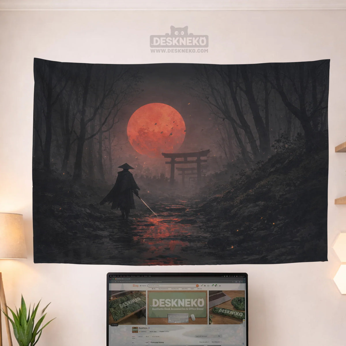 Samurai red moon wall tapestry decor