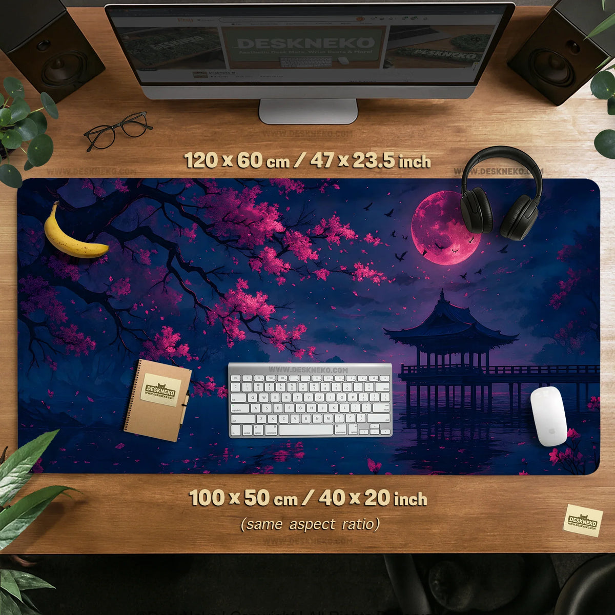Dark sakura cherry blossom desk mat