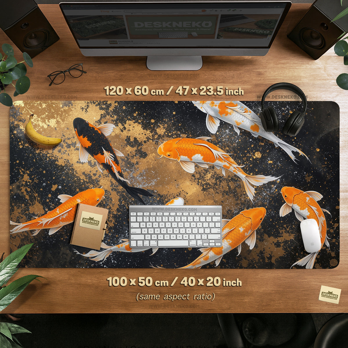 Black gold koi desk mat mousepad
