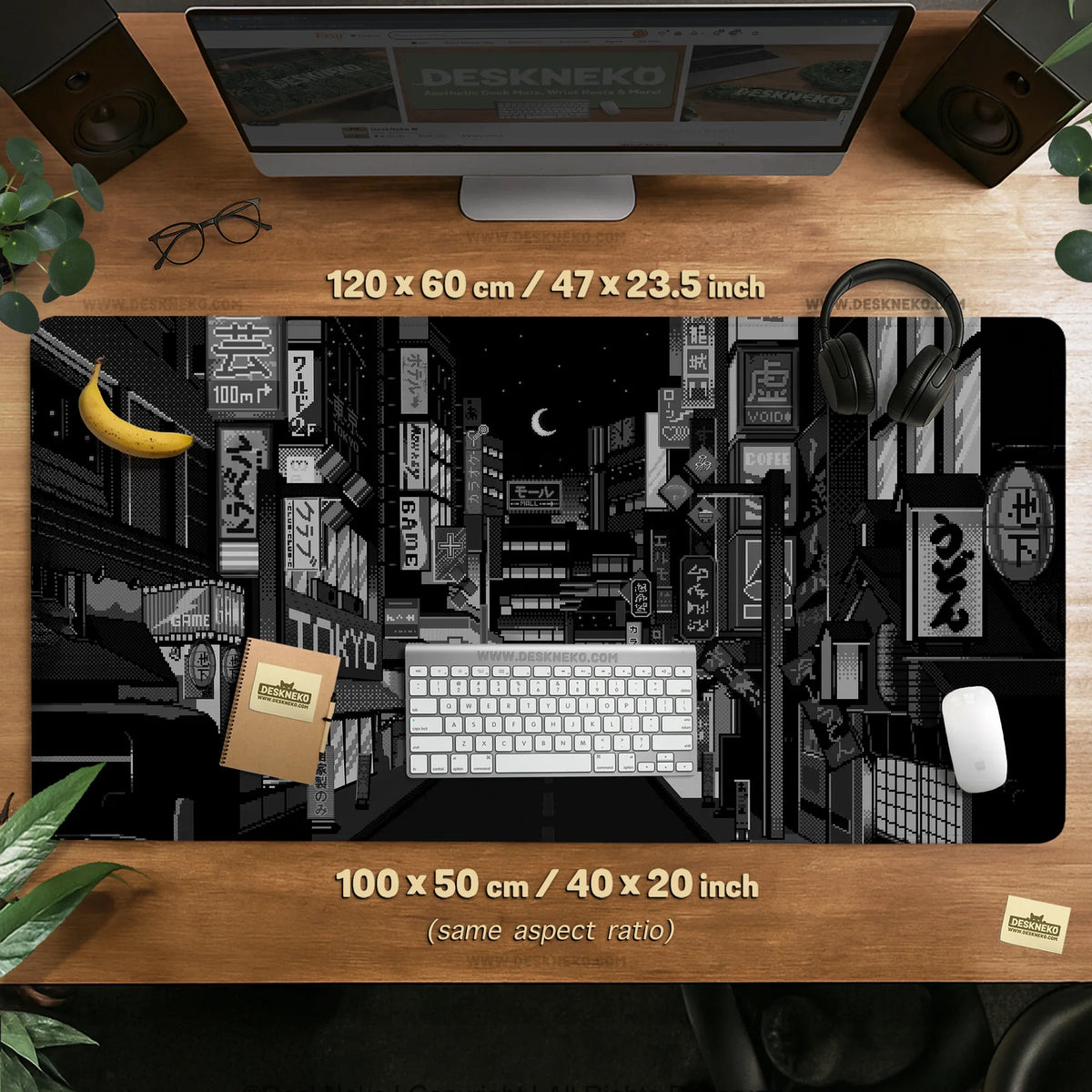 Black white tokyo night desk mat, cyberpunk japanese street mousepad