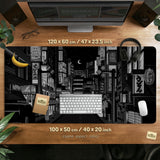 Black white tokyo night desk mat, cyberpunk japanese street mousepad