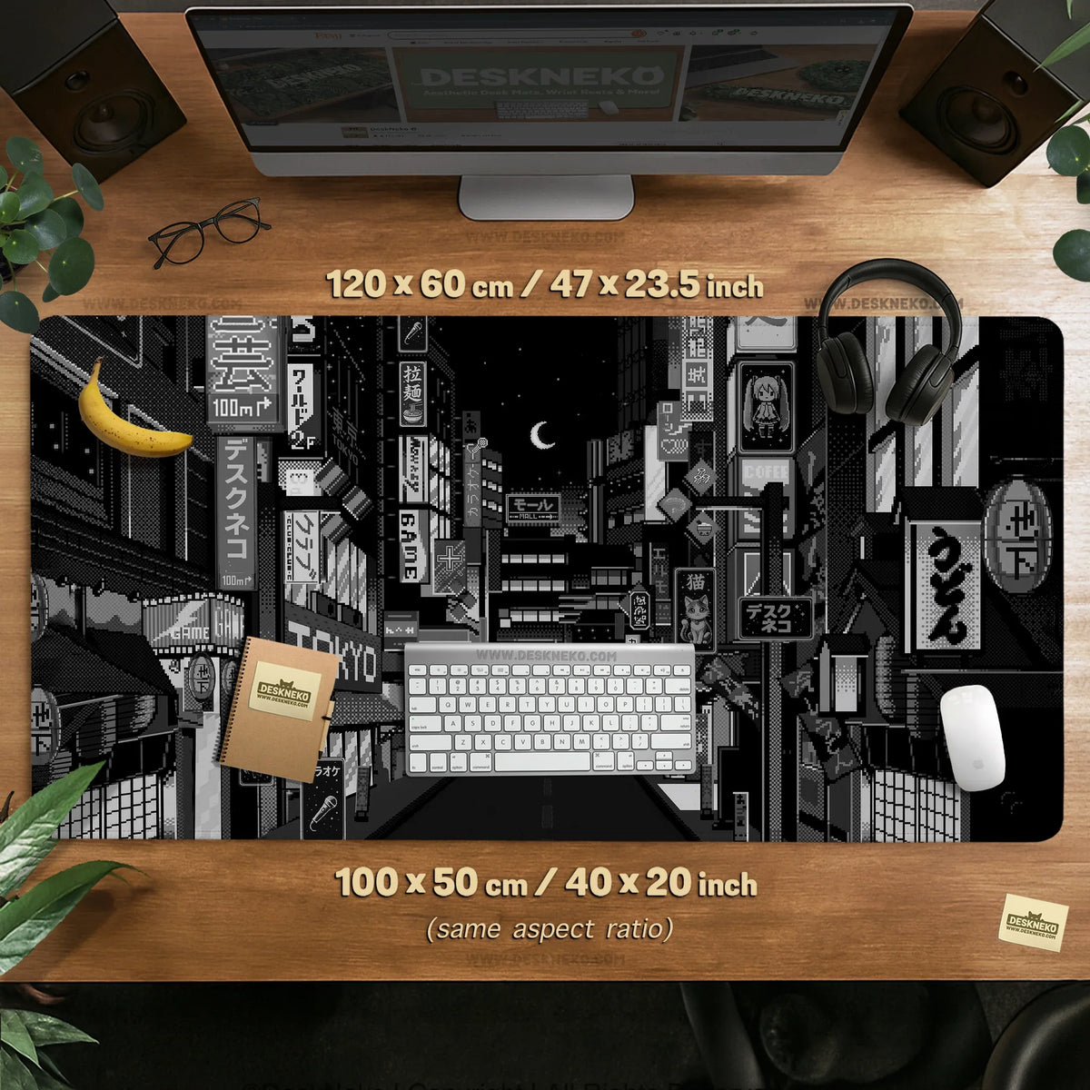 Black white tokyo desk mat