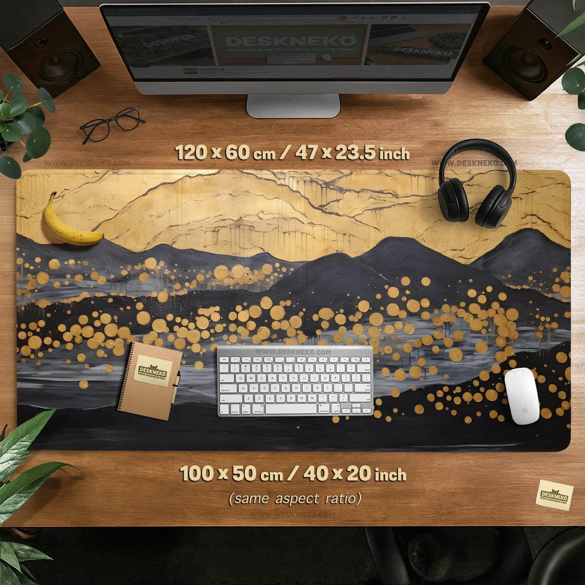 Black gold abstract mountain desk mat & mousepad