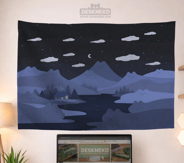 Navy cat hills wall tapestry cozy night landscape