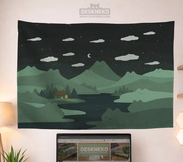 Green cat hills wall tapestry cozy night landscape