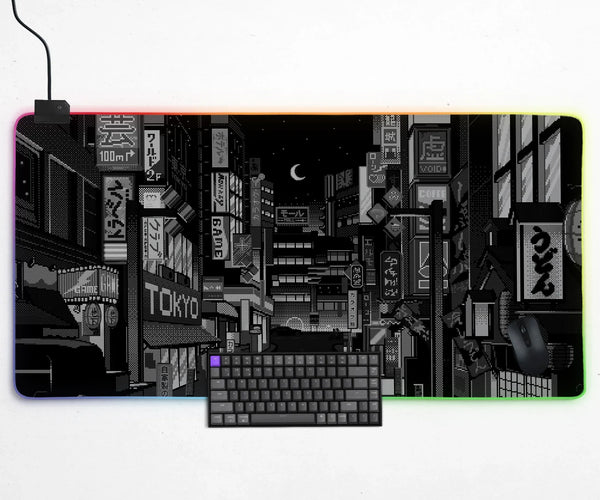 Black White Tokyo Night Desk Mat, Cyberpunk Japanese Street Mousepad - Deskneko