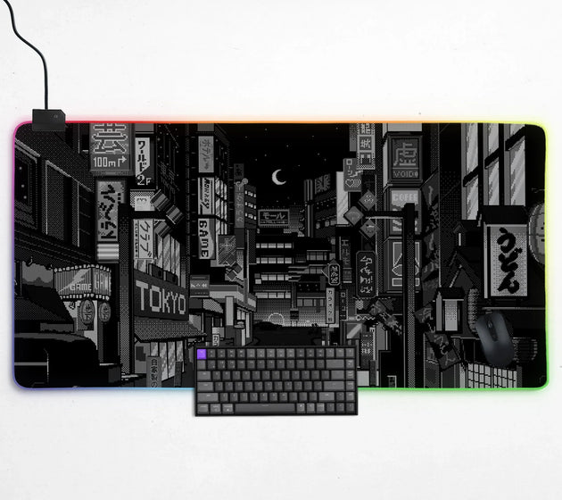 Black white tokyo night desk mat, cyberpunk japanese street mousepad