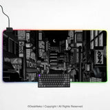 Black white tokyo night desk mat, cyberpunk japanese street mousepad