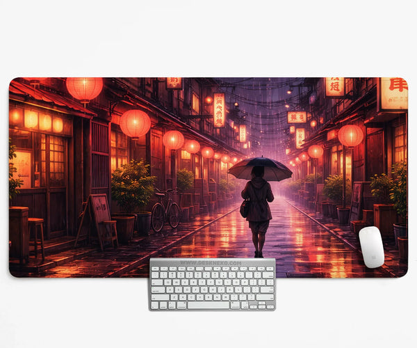 Lofi Anime Desk Mat XXL Extended Japanese Rainy Street - Deskneko