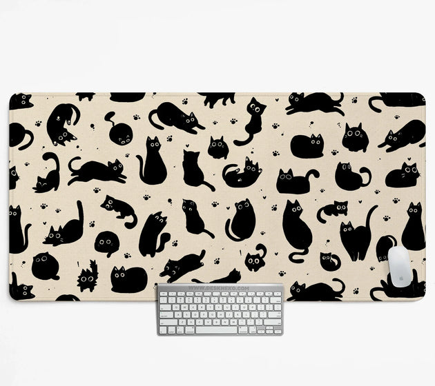 Black cat desk mat, cute XL mousepad for cozy office and gaming setup