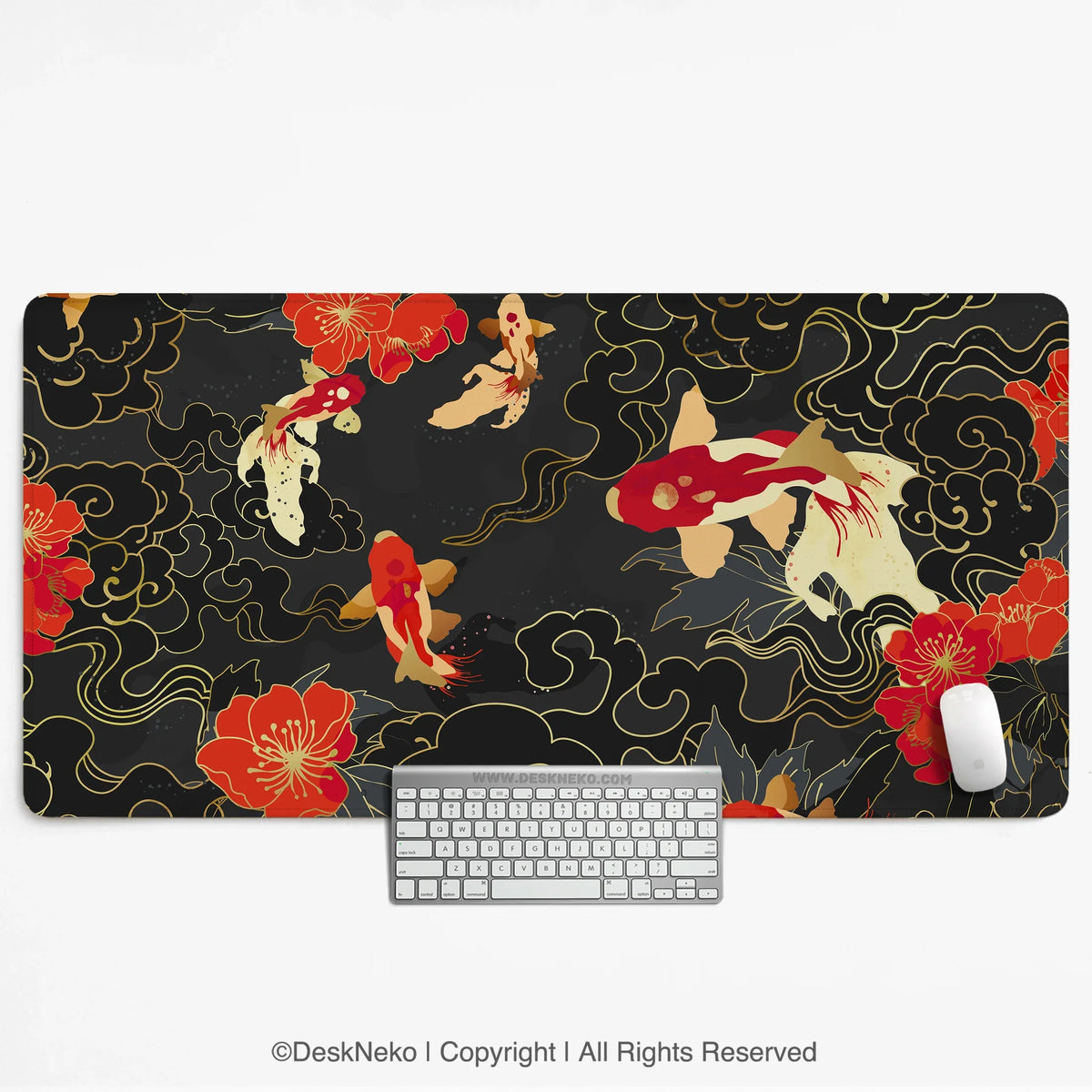 Koi fish desk mat with red, white and gold koi swimming among black and gold swirling clouds and red blossoms, shown under a keyboard and mouse