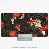 Koi fish desk mat with red, white and gold koi swimming among black and gold swirling clouds and red blossoms, shown under a keyboard and mouse