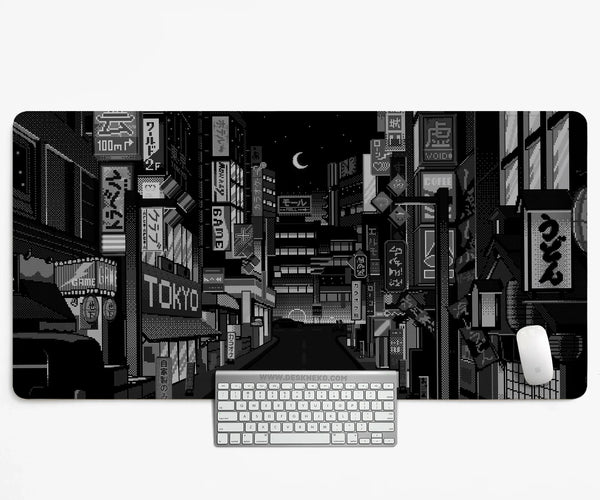 Black White Tokyo Night Desk Mat, Cyberpunk Japanese Street Mousepad - Deskneko