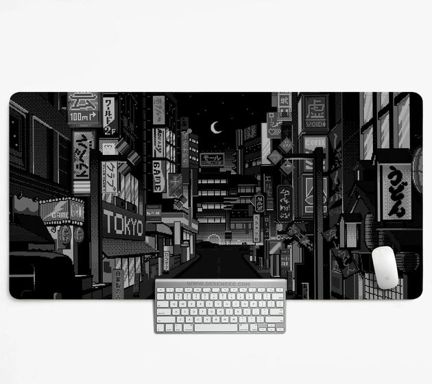Black white tokyo night desk mat, cyberpunk japanese street mousepad
