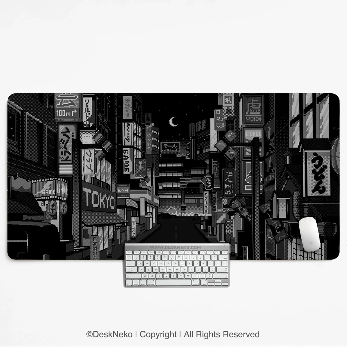 Black white tokyo night desk mat, cyberpunk japanese street mousepad