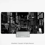 Black white tokyo night desk mat, cyberpunk japanese street mousepad