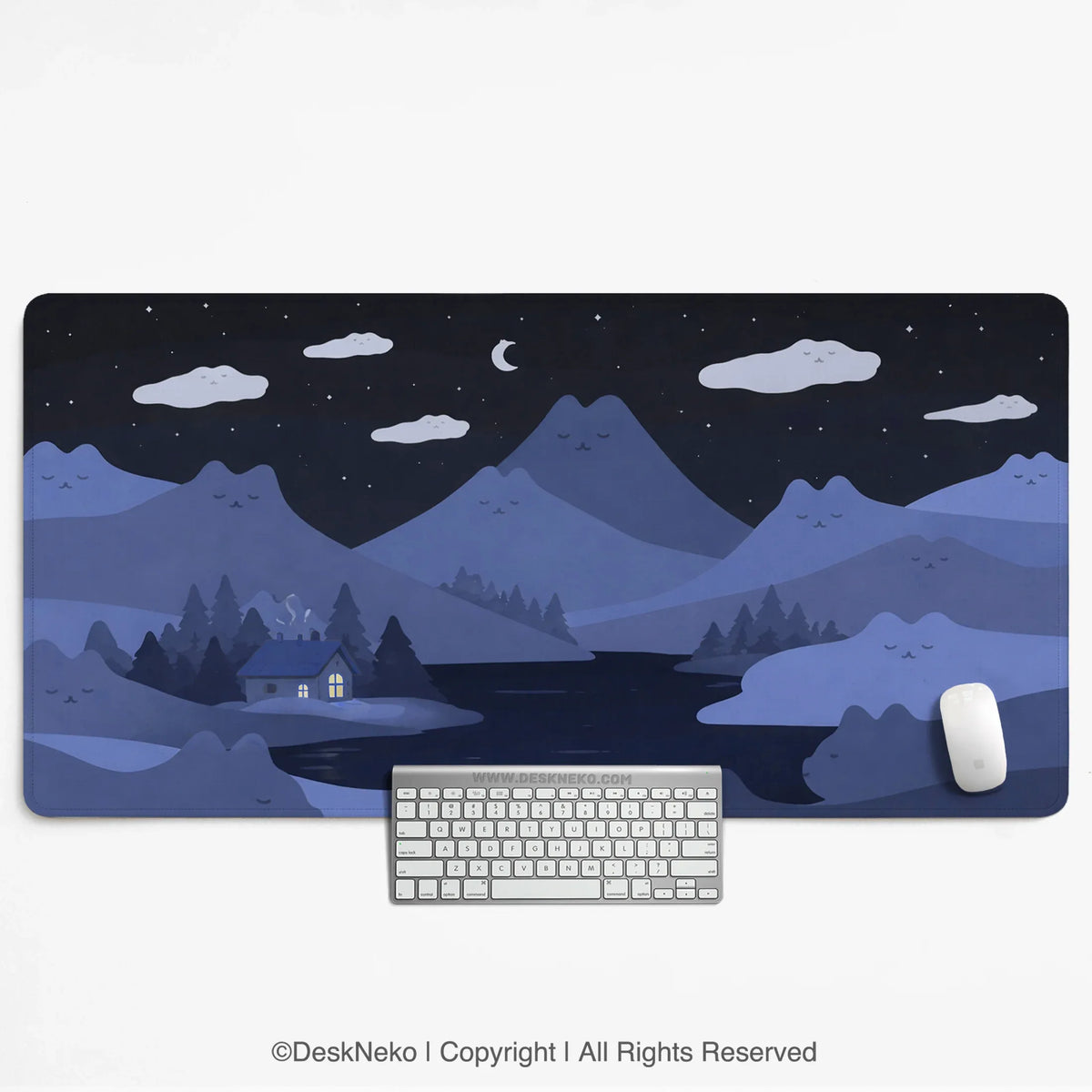 Navy Blue Cat Hills Desk Mat XXL Extended Mousepad - Deskneko
