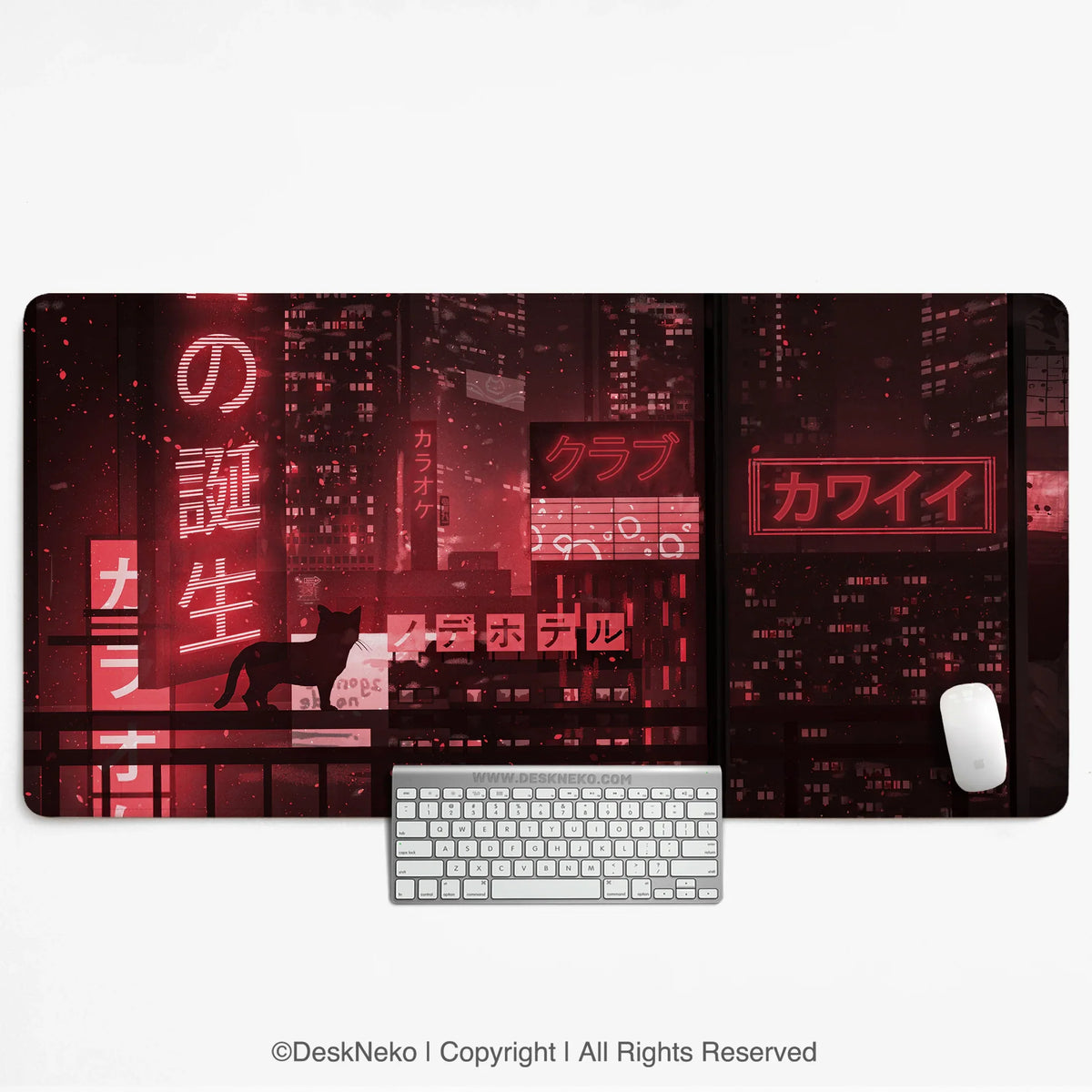 Red Cyberpunk Tokyo Cat Desk Mat - Deskneko