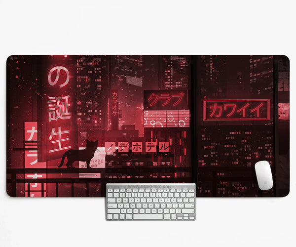 Red Cyberpunk Tokyo Cat Desk Mat - Deskneko