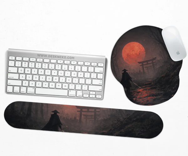 Samurai Red Moon Ergonomic Mousepad & Keyboard Wrist Rest - Deskneko