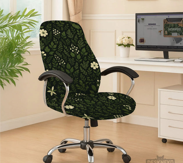 Botanical office chair cover with dark green floral pattern