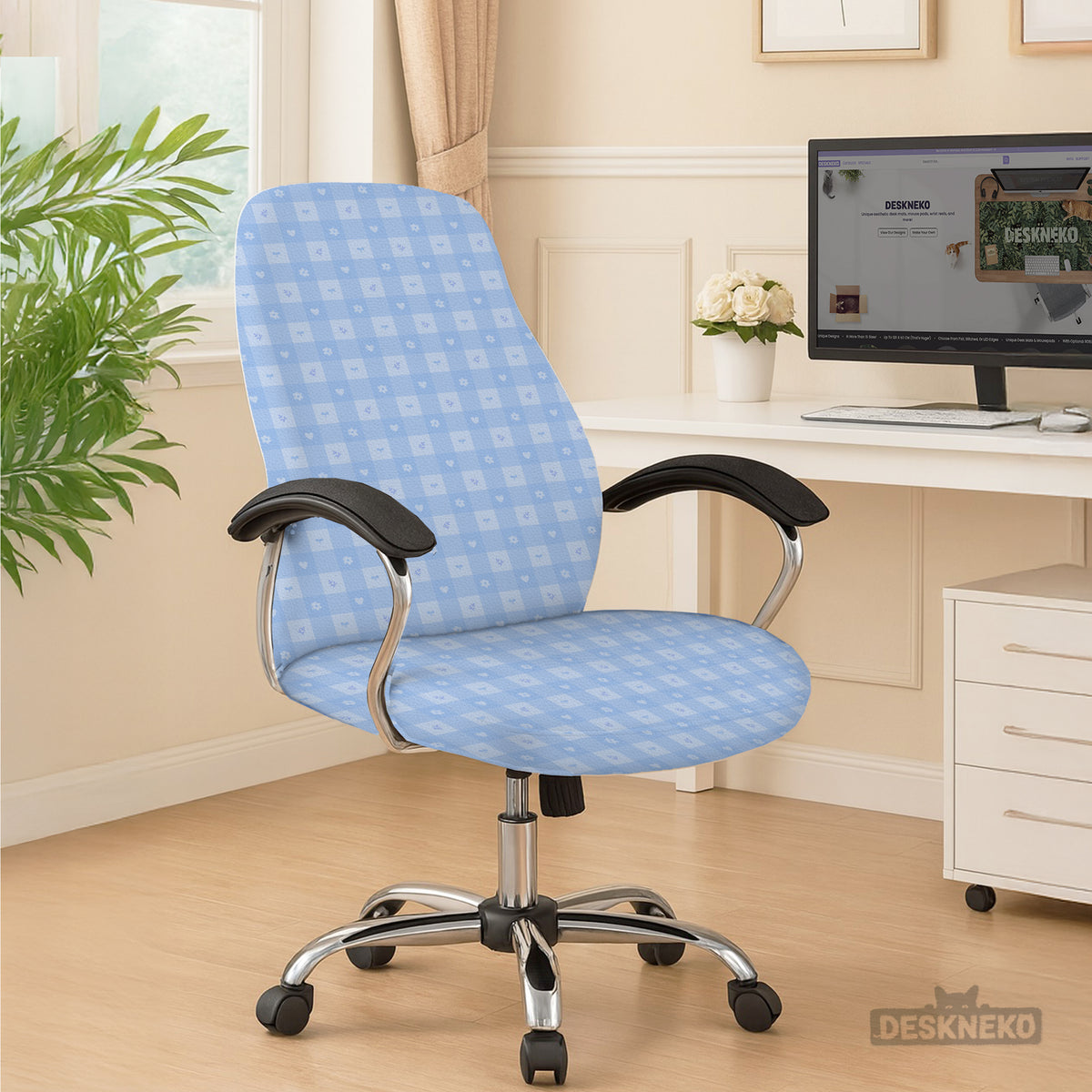 Blue gingham desk chair cover