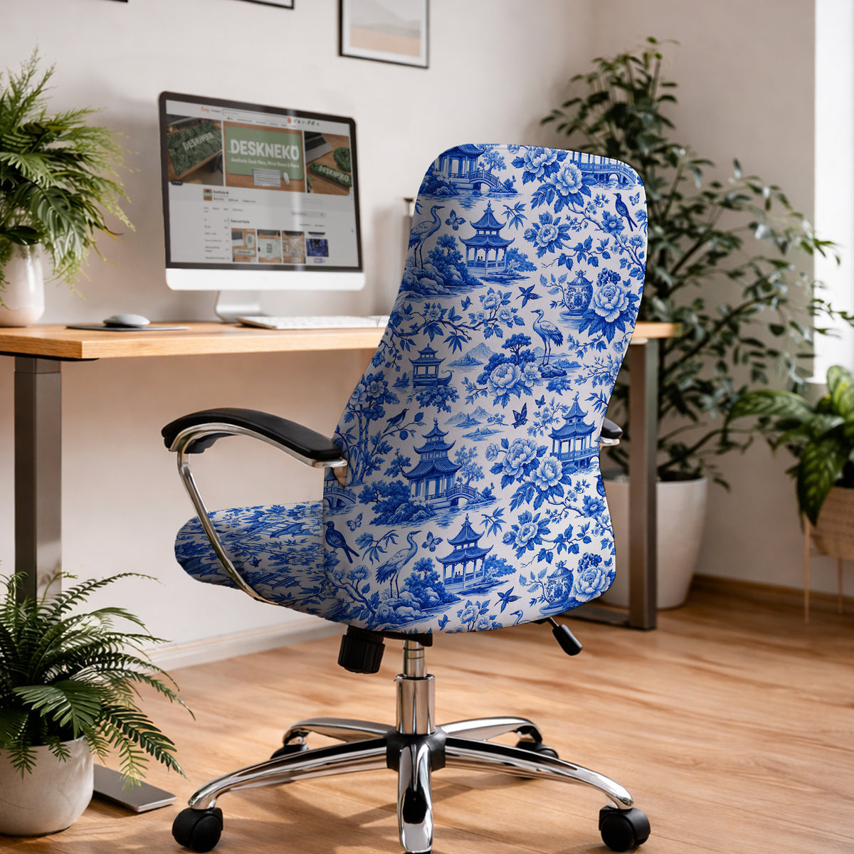 Blue chinoiserie desk chair cover