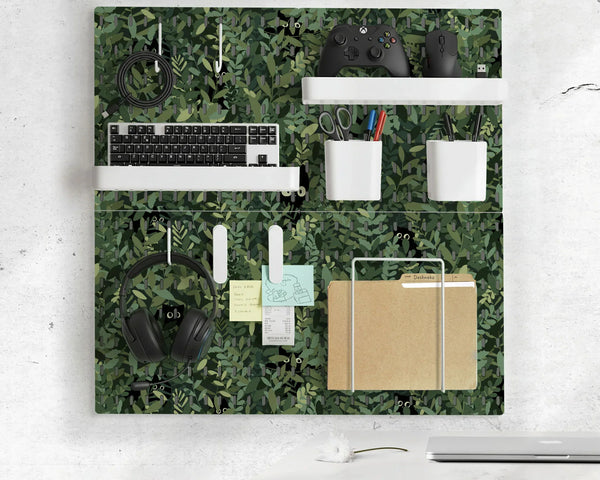 Botanical cat desk pegboard organizer, forest green workspace storage