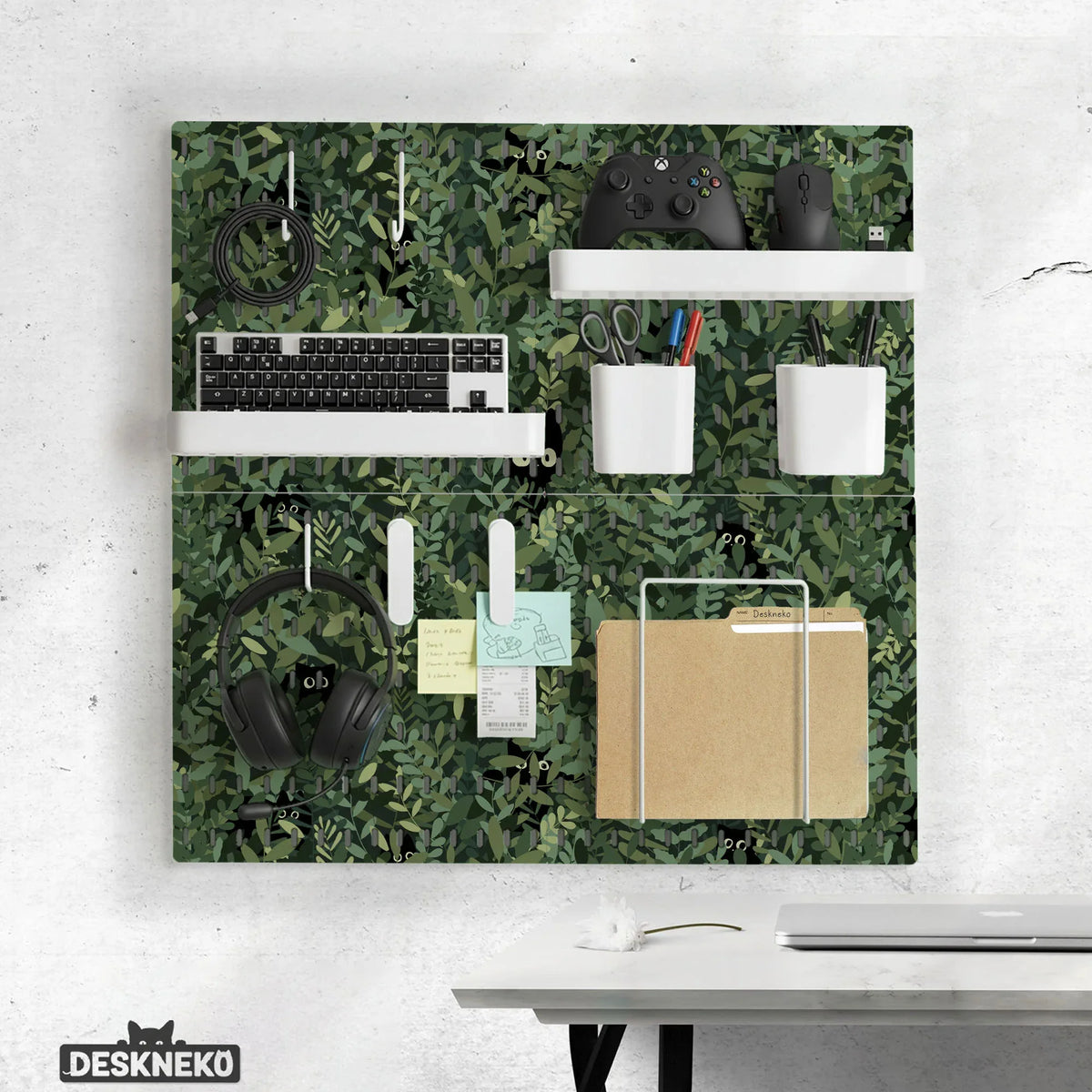 Botanical cat desk pegboard organizer, forest green workspace storage