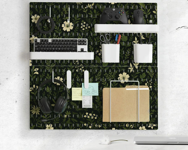 Botanical pegboard organizer with dark green floral pattern