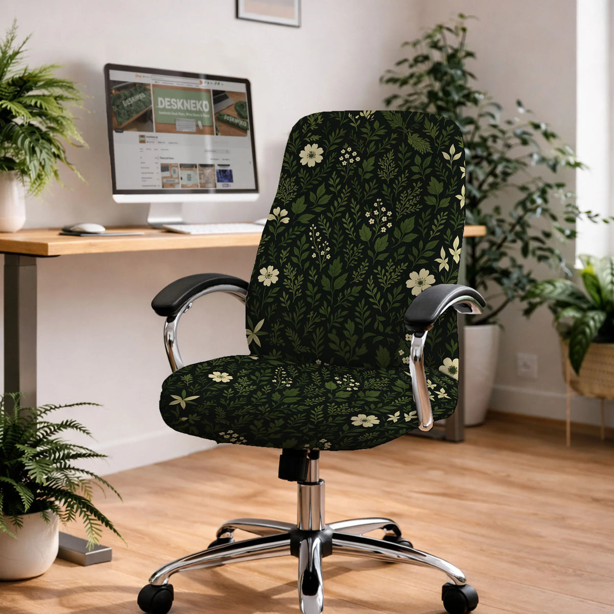 Botanical office chair cover with dark green floral pattern